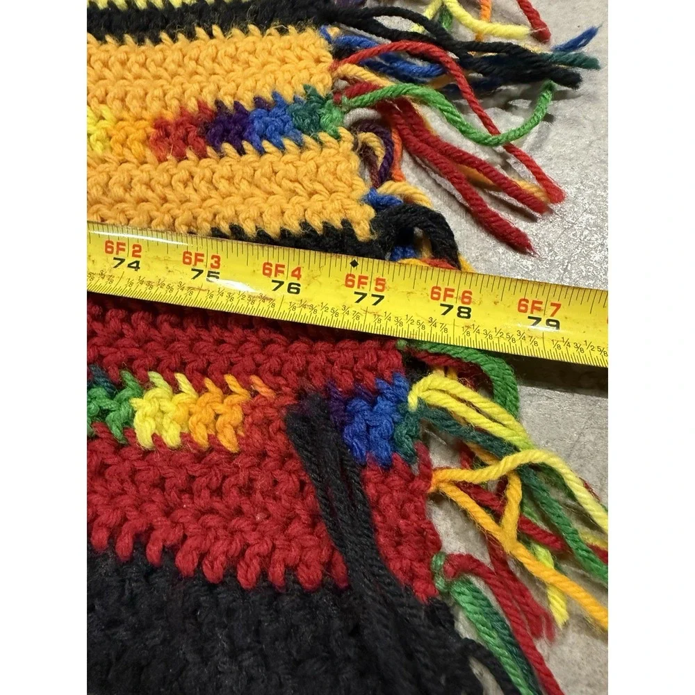 Vintage Handmade Crochet Afghan Blanket Rainbow Striped Fringe 78x47‎ Boho Retro